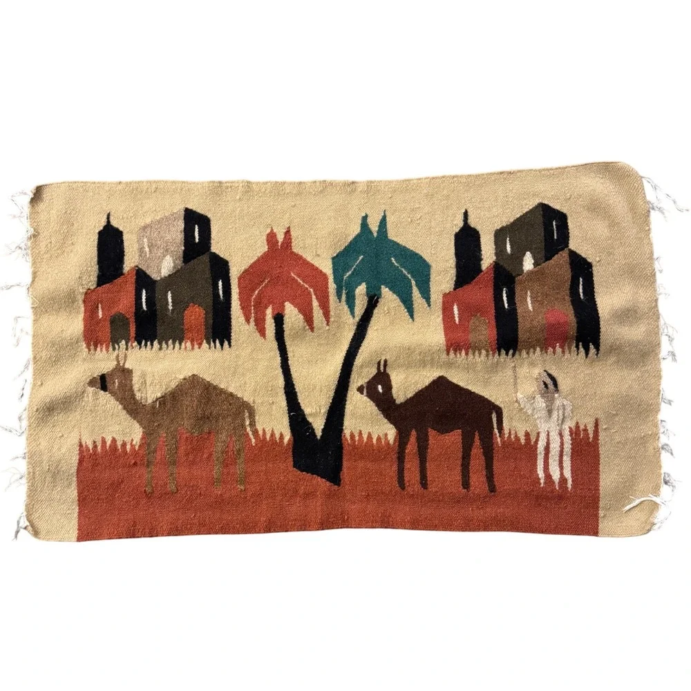 Vintage Egyptian Wool Tapestry Camel Caravan Oasis Handwoven Wall Hanging 42x24